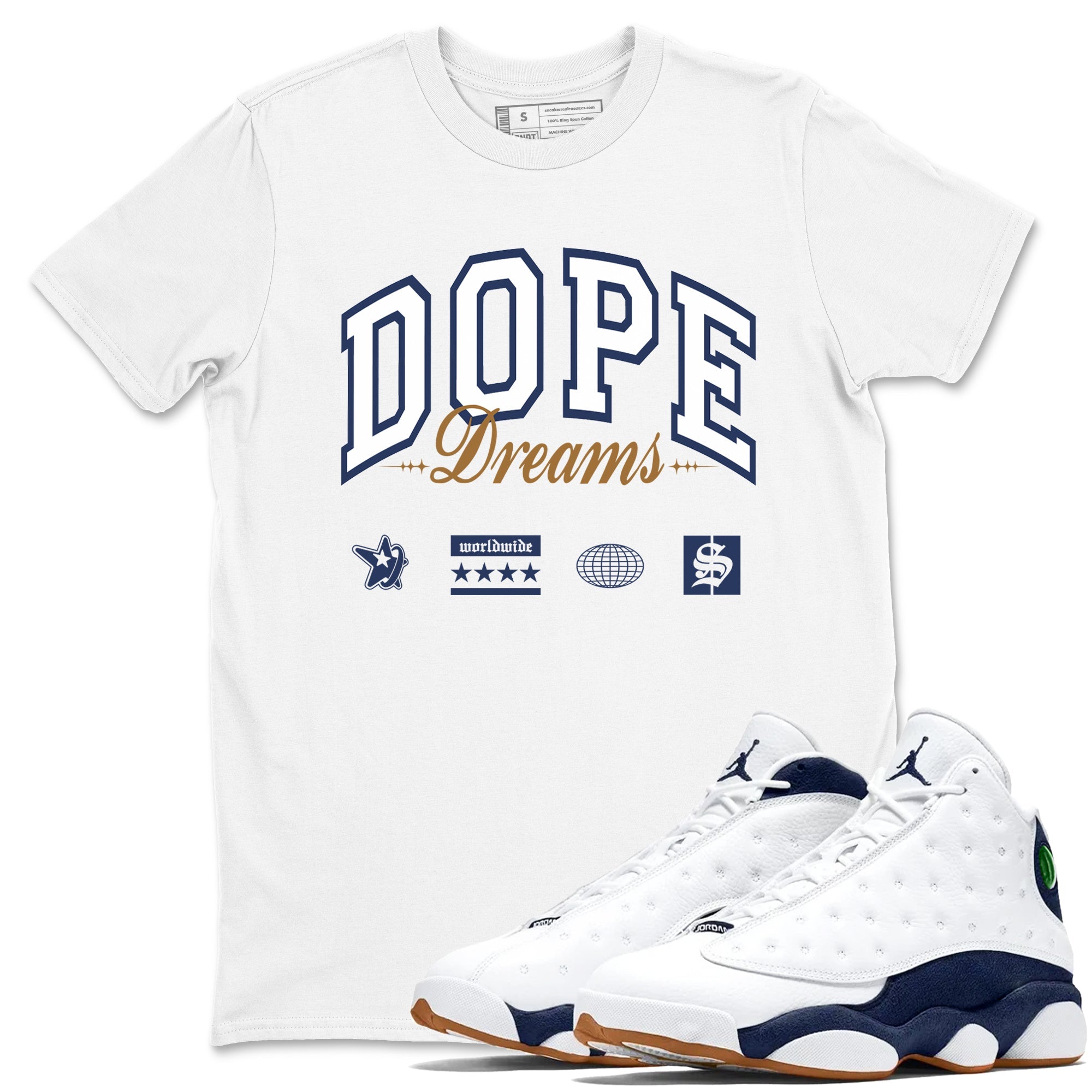 13s Midnight Navy shirts to match jordans Dope Dreams sneaker match tees Air Jordan 13 Midnight Navy SNRT Sneaker Release Tees unisex cotton White 1 crew neck shirts