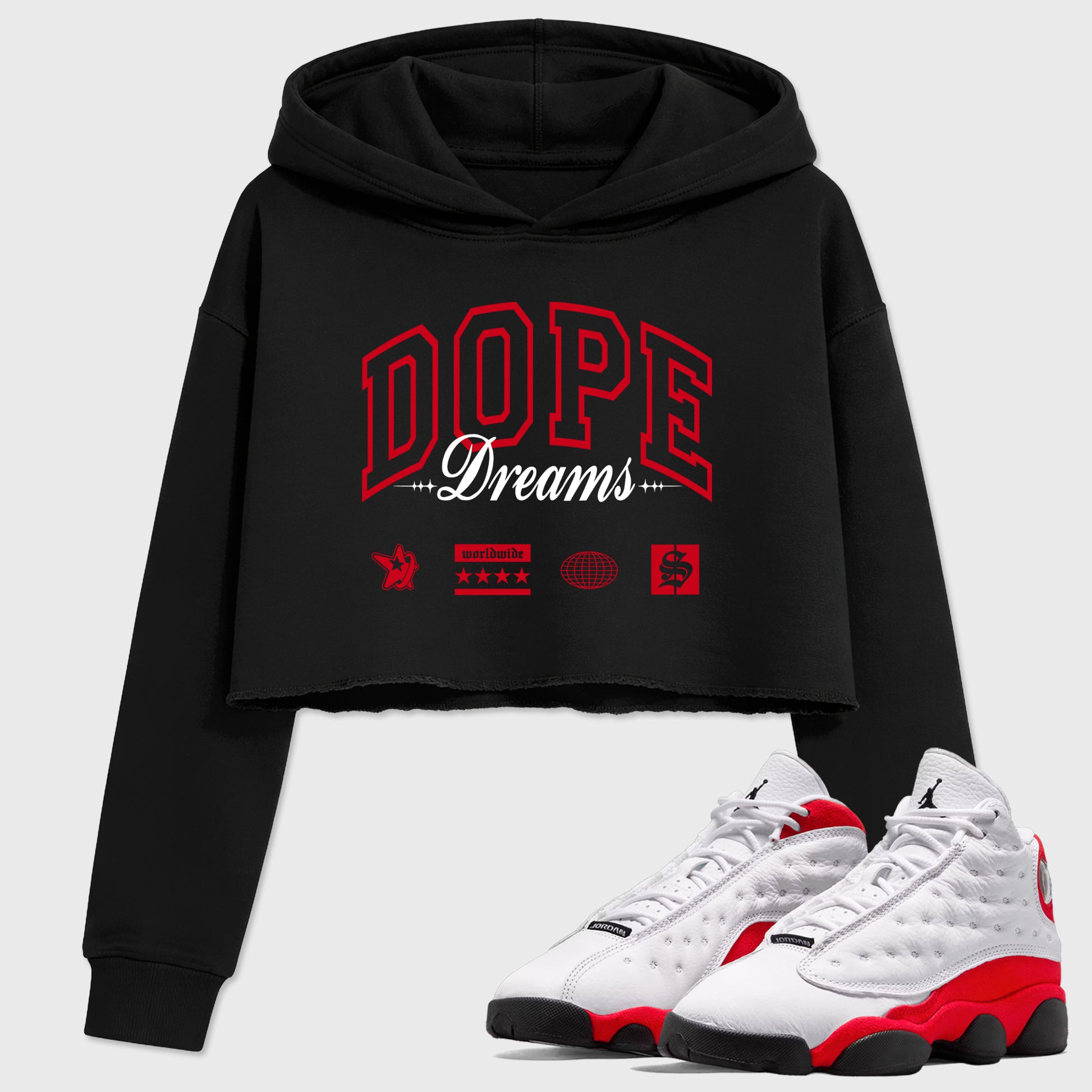 Sneaker match tees – Sneaker Tees To Match Air Jordan 13 University Red Shoes – Dope Dreams Crop T-Shirt Black 1