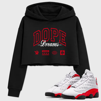 Sneaker match tees – Sneaker Tees To Match Air Jordan 13 University Red Shoes – Dope Dreams Crop T-Shirt Black 1