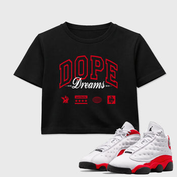 Sneaker match tees – Sneaker Tees To Match Air Jordan 13 University Red Shoes – Dope Dreams Crop T-Shirt Black 1