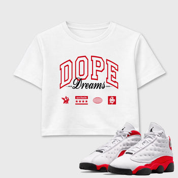 Sneaker match tees – Sneaker Tees To Match Air Jordan 13 University Red Shoes – Dope Dreams Crop T-Shirt White 1