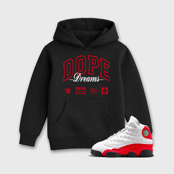 Sneaker match tees – Sneaker Tees To Match Air Jordan 13 University Red Shoes – Dope Dreams Kids T-Shirt Black 1