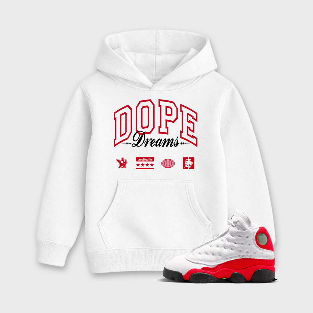 Sneaker match tees – Sneaker Tees To Match Air Jordan 13 University Red Shoes – Dope Dreams Kids T-Shirt White 1