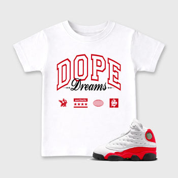 Sneaker match tees – Sneaker Tees To Match Air Jordan 13 University Red Shoes – Dope Dreams Kids T-Shirt White 1