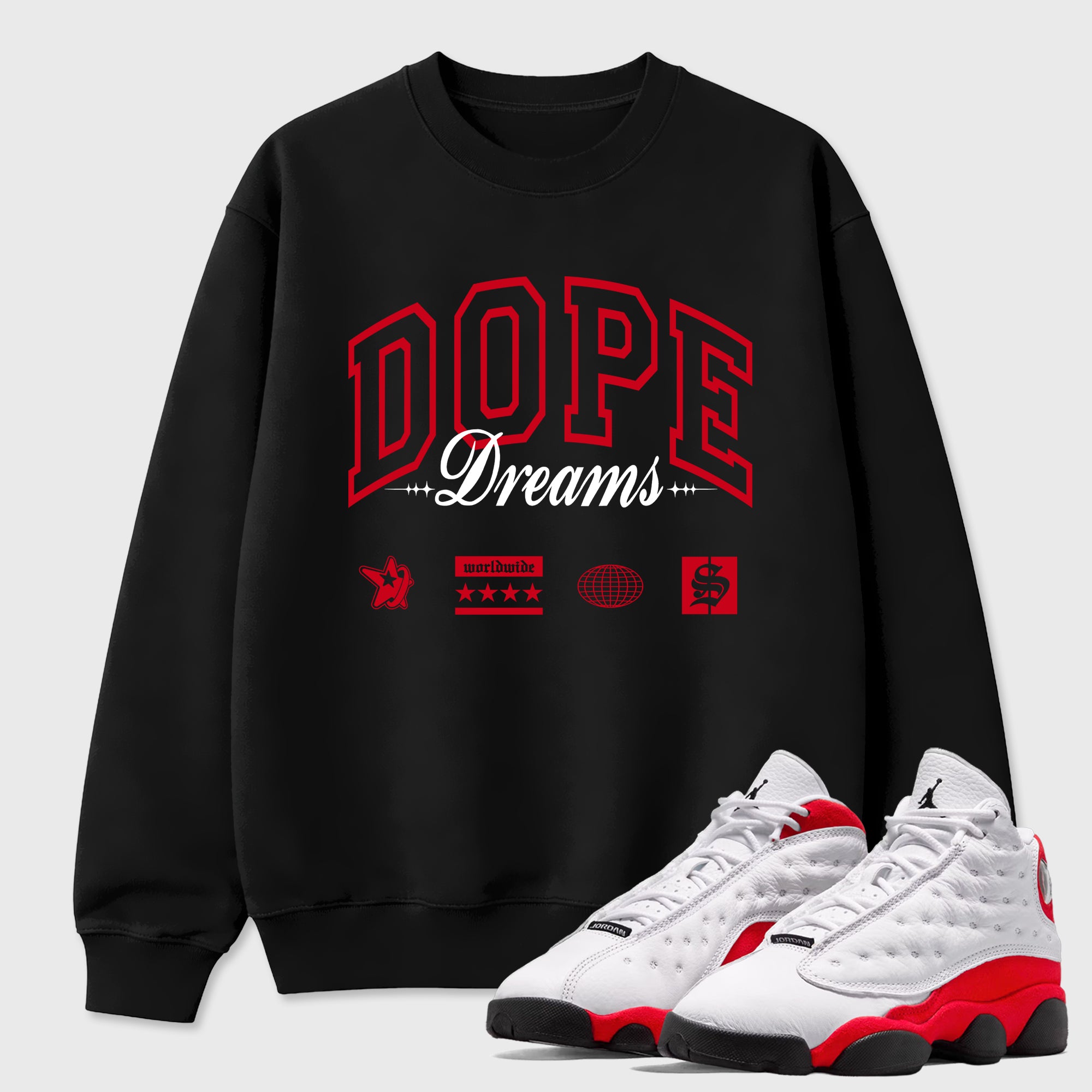 Sneaker match tees – Sneaker Tees To Match Air Jordan 13 University Red Shoes – Dope Dreams Tee Black 1