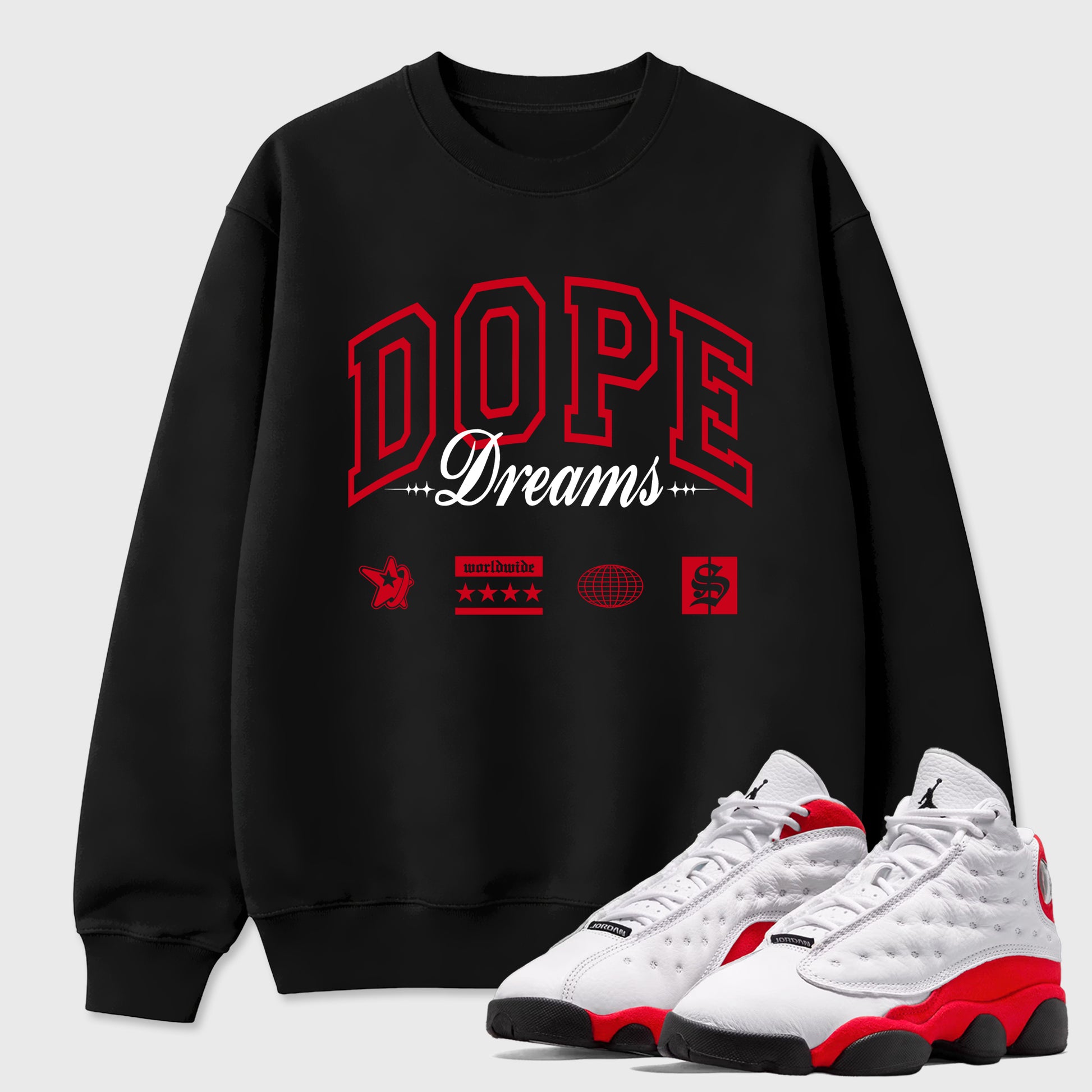 Sneaker match tees – Sneaker Tees To Match Air Jordan 13 University Red Shoes – Dope Dreams Tee Black 1