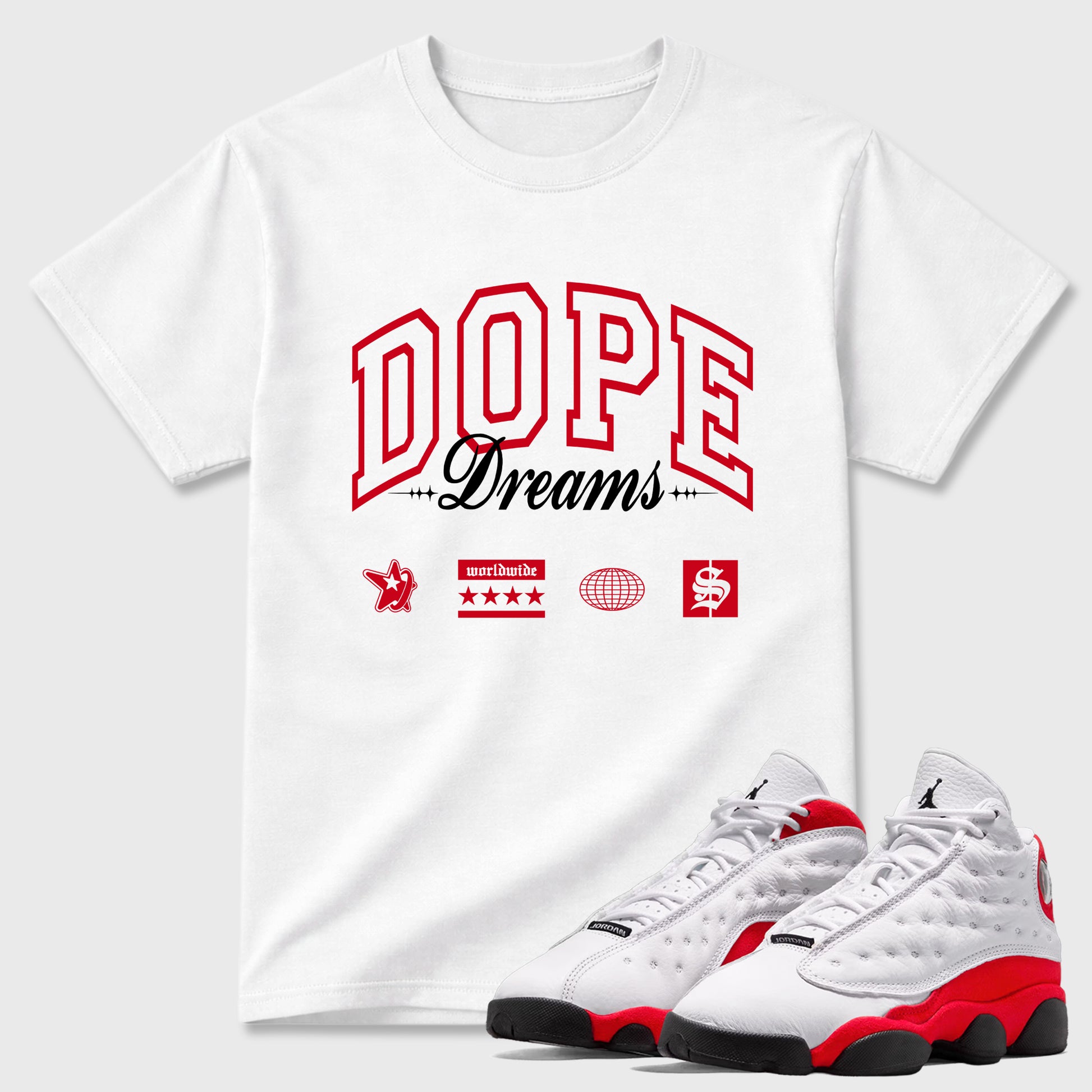 Sneaker match tees – Sneaker Tees To Match Air Jordan 13 University Red Shoes – Dope Dreams Tee White 1