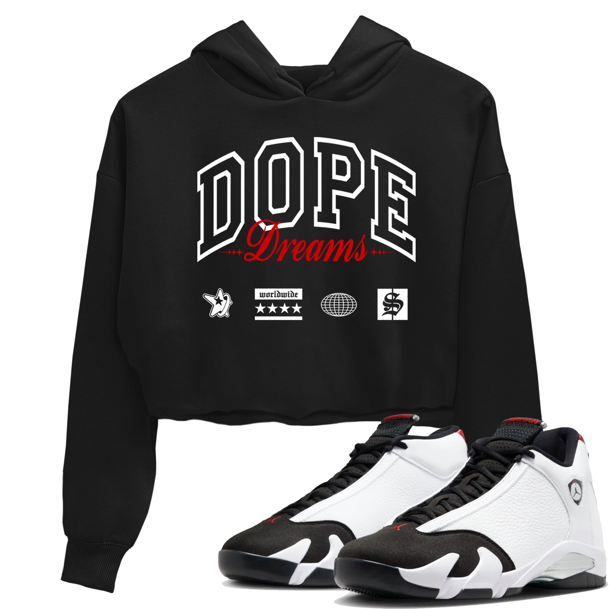 Air Jordan 14 Black Toe t shirts to match sneakers Dope Dreams sneaker match tees 14s Black Toe sneaker match tee SNRT Sneaker Tees unisex cotton Black 1 crop tee