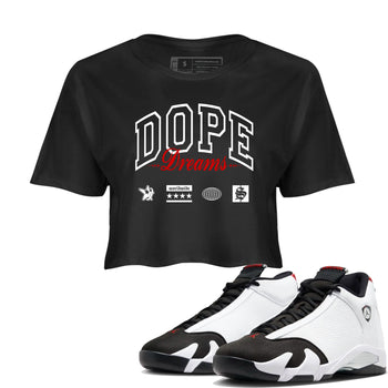 Air Jordan 14 Black Toe t shirts to match sneakers Dope Dreams sneaker match tees 14s Black Toe sneaker match tee SNRT Sneaker Tees unisex cotton Black 1 crop tee