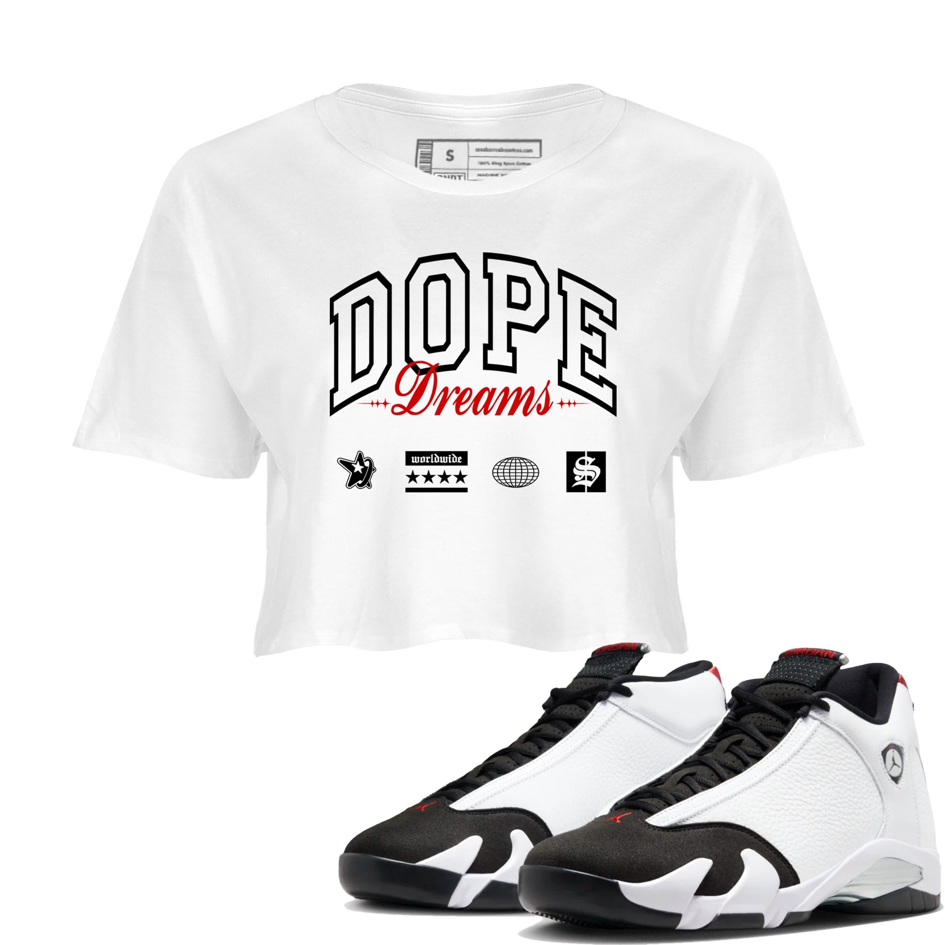 Air Jordan 14 Black Toe t shirts to match sneakers Dope Dreams sneaker match tees 14s Black Toe sneaker match tee SNRT Sneaker Tees unisex cotton White 1 crop tee