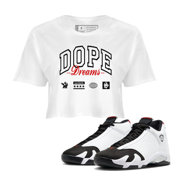 Air Jordan 14 Black Toe t shirts to match sneakers Dope Dreams sneaker match tees 14s Black Toe sneaker match tee SNRT Sneaker Tees unisex cotton White 1 crop tee