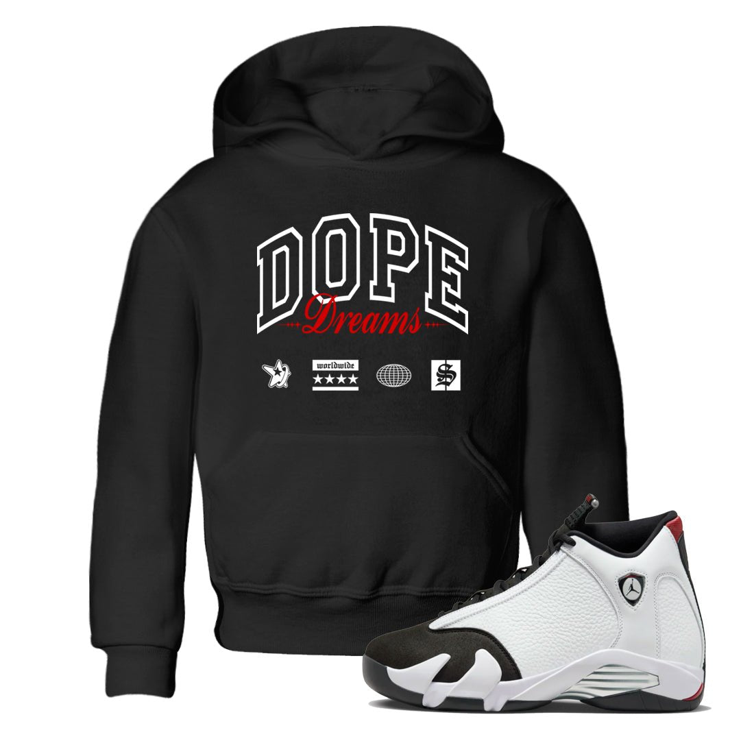 Air Jordan 14 Black Toe t shirts to match sneakers Dope Dreams sneaker match tees 14s Black Toe sneaker match tee SNRT Sneaker Tees Youth Baby Black 1 tee