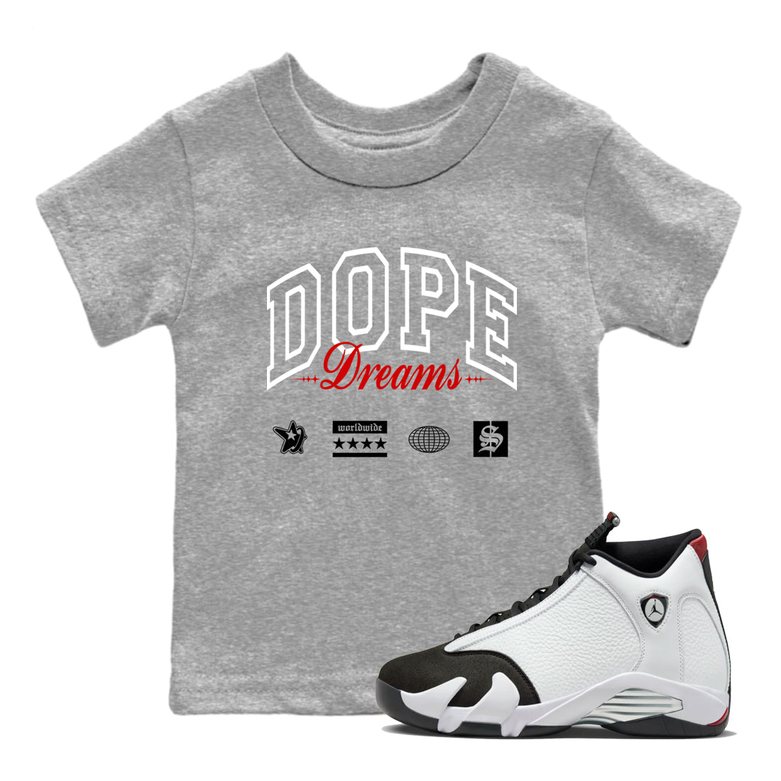 Air Jordan 14 Black Toe t shirts to match sneakers Dope Dreams sneaker match tees 14s Black Toe sneaker match tee SNRT Sneaker Tees Youth Baby Heather Grey 1 tee