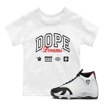 Air Jordan 14 Black Toe t shirts to match sneakers Dope Dreams sneaker match tees 14s Black Toe sneaker match tee SNRT Sneaker Tees Youth Baby White 1 tee