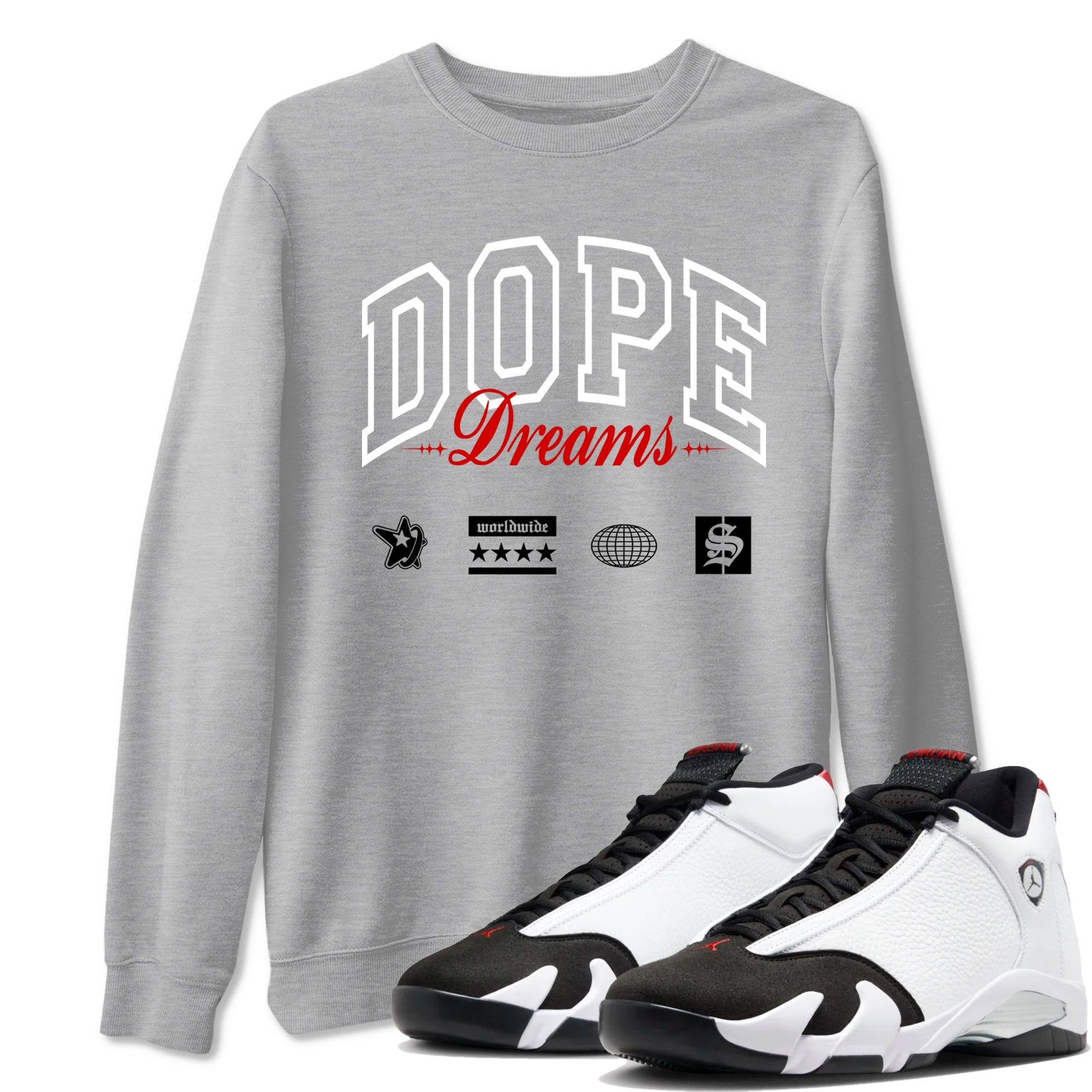 Air Jordan 14 Black Toe t shirts to match sneakers Dope Dreams sneaker match tees 14s Black Toe sneaker match tee SNRT Sneaker Tees unisex cotton Heather Grey 1 shirts