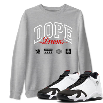 Air Jordan 14 Black Toe t shirts to match sneakers Dope Dreams sneaker match tees 14s Black Toe sneaker match tee SNRT Sneaker Tees unisex cotton Heather Grey 1 shirts