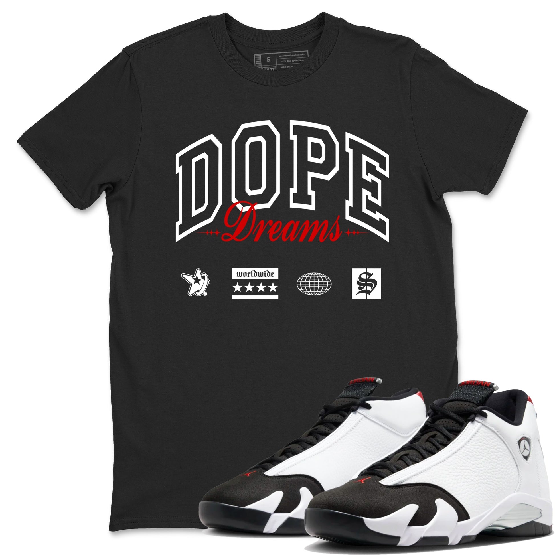 Air Jordan 14 Black Toe t shirts to match sneakers Dope Dreams sneaker match tees 14s Black Toe sneaker match tee SNRT Sneaker Tees unisex cotton Black 1 shirts