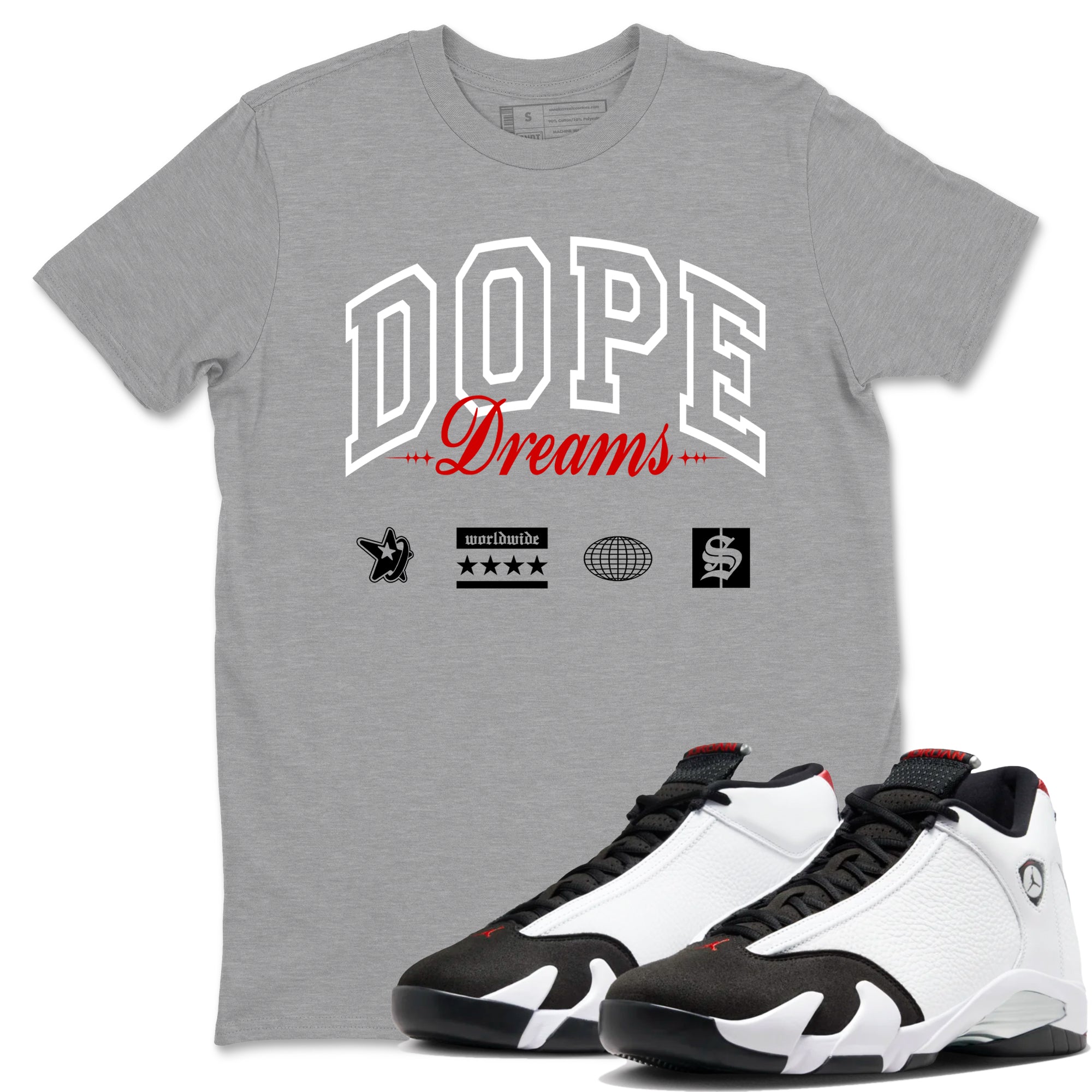 Air Jordan 14 Black Toe t shirts to match sneakers Dope Dreams sneaker match tees 14s Black Toe sneaker match tee SNRT Sneaker Tees unisex cotton Heather Grey 1 shirts