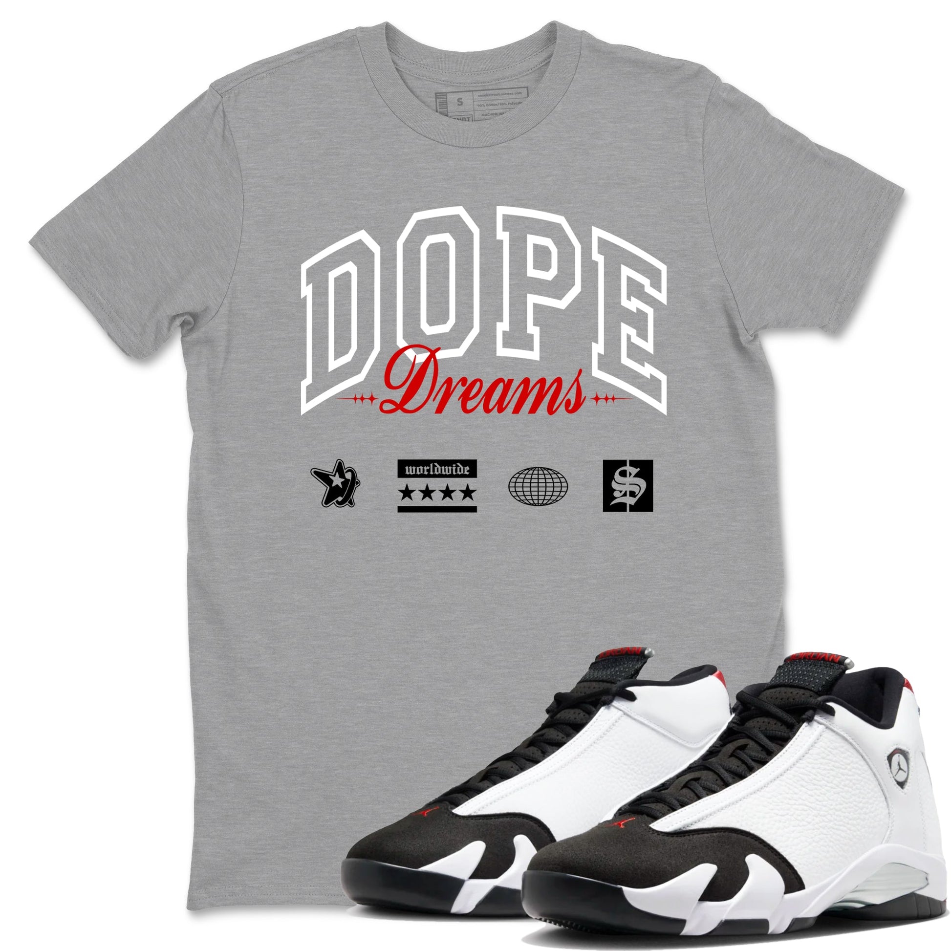 Air Jordan 14 Black Toe t shirts to match sneakers Dope Dreams sneaker match tees 14s Black Toe sneaker match tee SNRT Sneaker Tees unisex cotton Heather Grey 1 shirts
