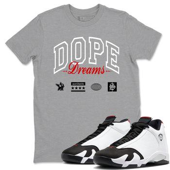 Air Jordan 14 Black Toe t shirts to match sneakers Dope Dreams sneaker match tees 14s Black Toe sneaker match tee SNRT Sneaker Tees unisex cotton Heather Grey 1 shirts