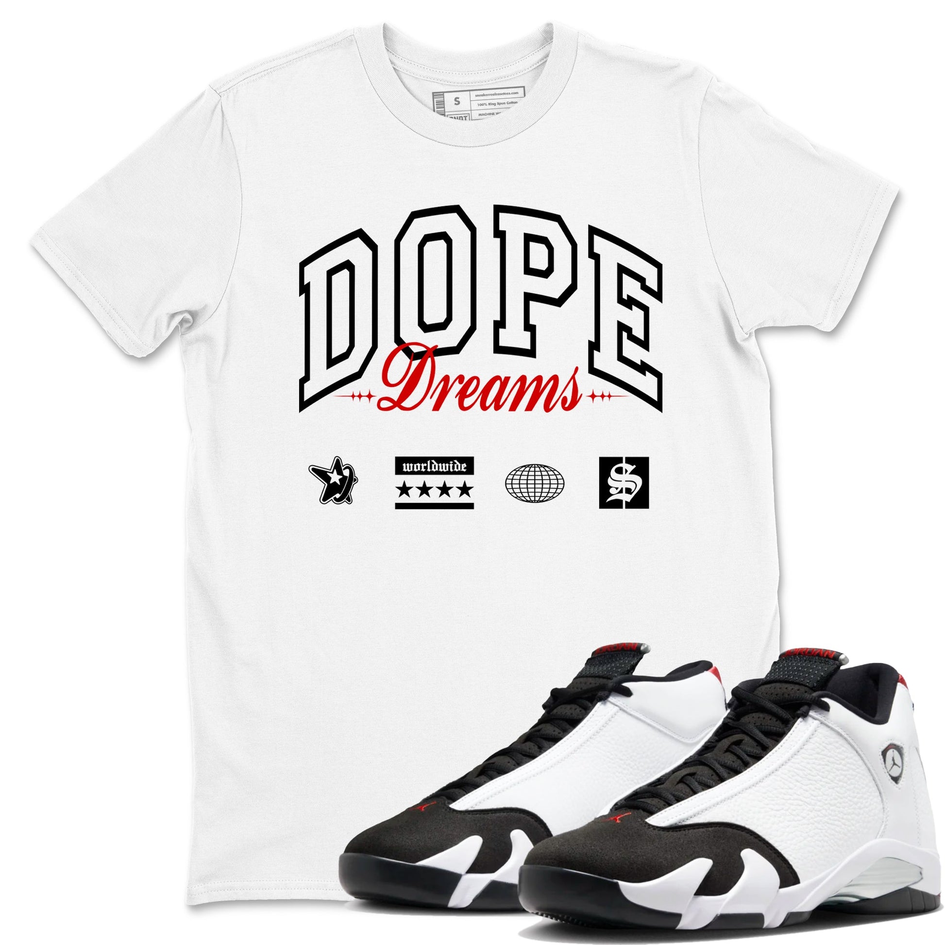 Air Jordan 14 Black Toe t shirts to match sneakers Dope Dreams sneaker match tees 14s Black Toe sneaker match tee SNRT Sneaker Tees unisex cotton White 1 shirts