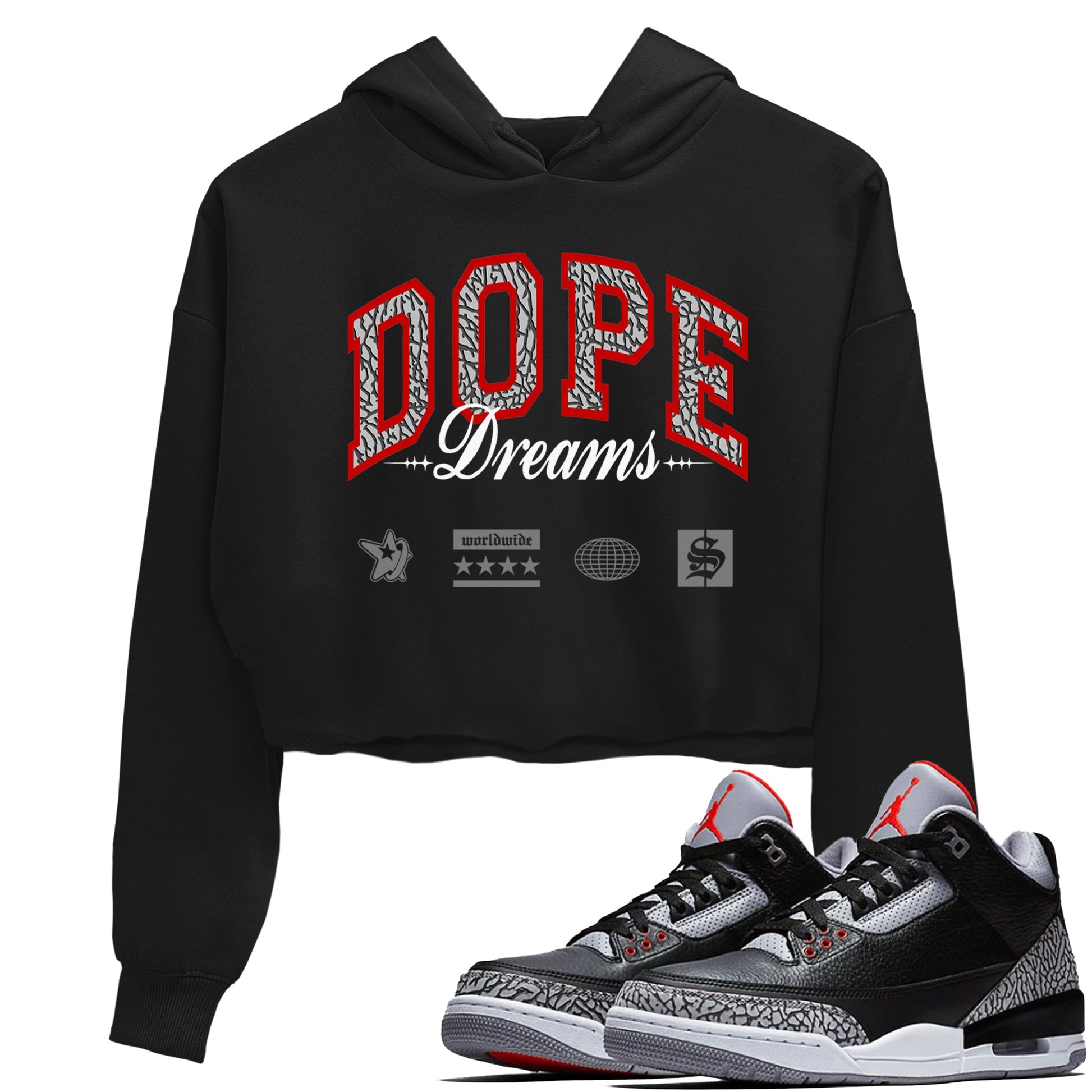 3s Black Cement shirts to match jordans Dope Dreams sneaker match tees Air Jordan 3 Retro OG Black Cement match shoes to clothes SNRT Sneaker Tees unisex cotton Black 1 crop tee