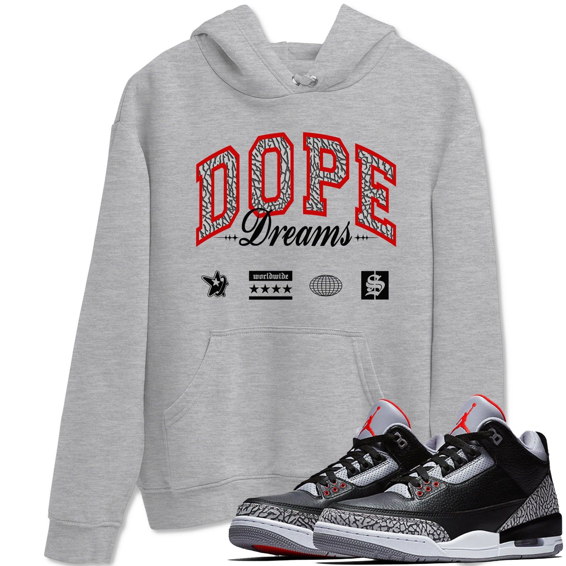 3s Black Cement shirts to match jordans Dope Dreams sneaker match tees Air Jordan 3 Retro OG Black Cement match shoes to clothes SNRT Sneaker Tees unisex cotton Heather Grey 1 shirts