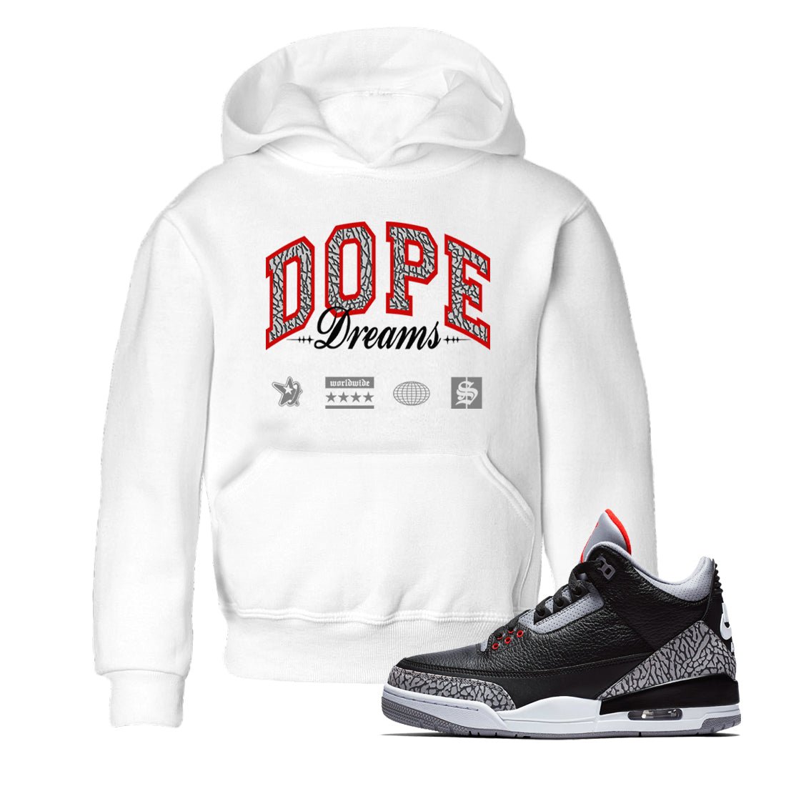 3s Black Cement shirts to match jordans Dope Dreams sneaker match tees Air Jordan 3 Retro OG Black Cement match shoes to clothes SNRT Sneaker Tees Youth Baby White 1 tee