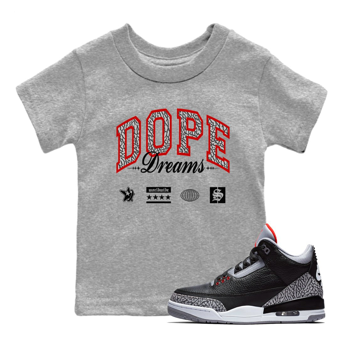 3s Black Cement shirts to match jordans Dope Dreams sneaker match tees Air Jordan 3 Retro OG Black Cement match shoes to clothes SNRT Sneaker Tees Youth Baby Heather Grey 1 tee