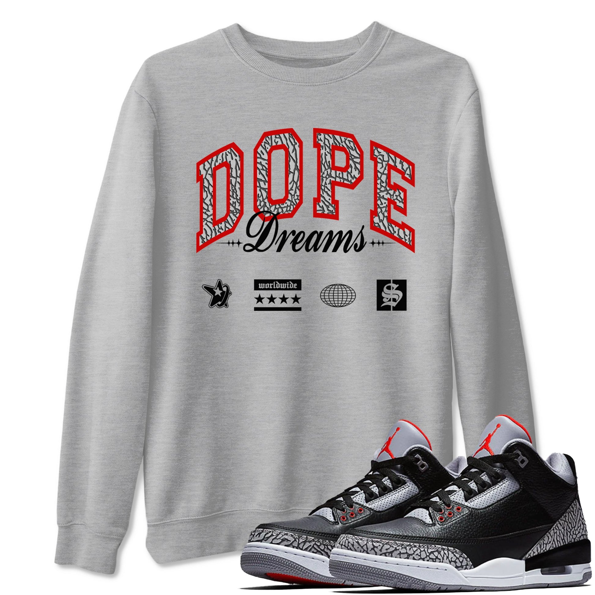 3s Black Cement shirts to match jordans Dope Dreams sneaker match tees Air Jordan 3 Retro OG Black Cement match shoes to clothes SNRT Sneaker Tees unisex cotton Heather Grey 1 shirts