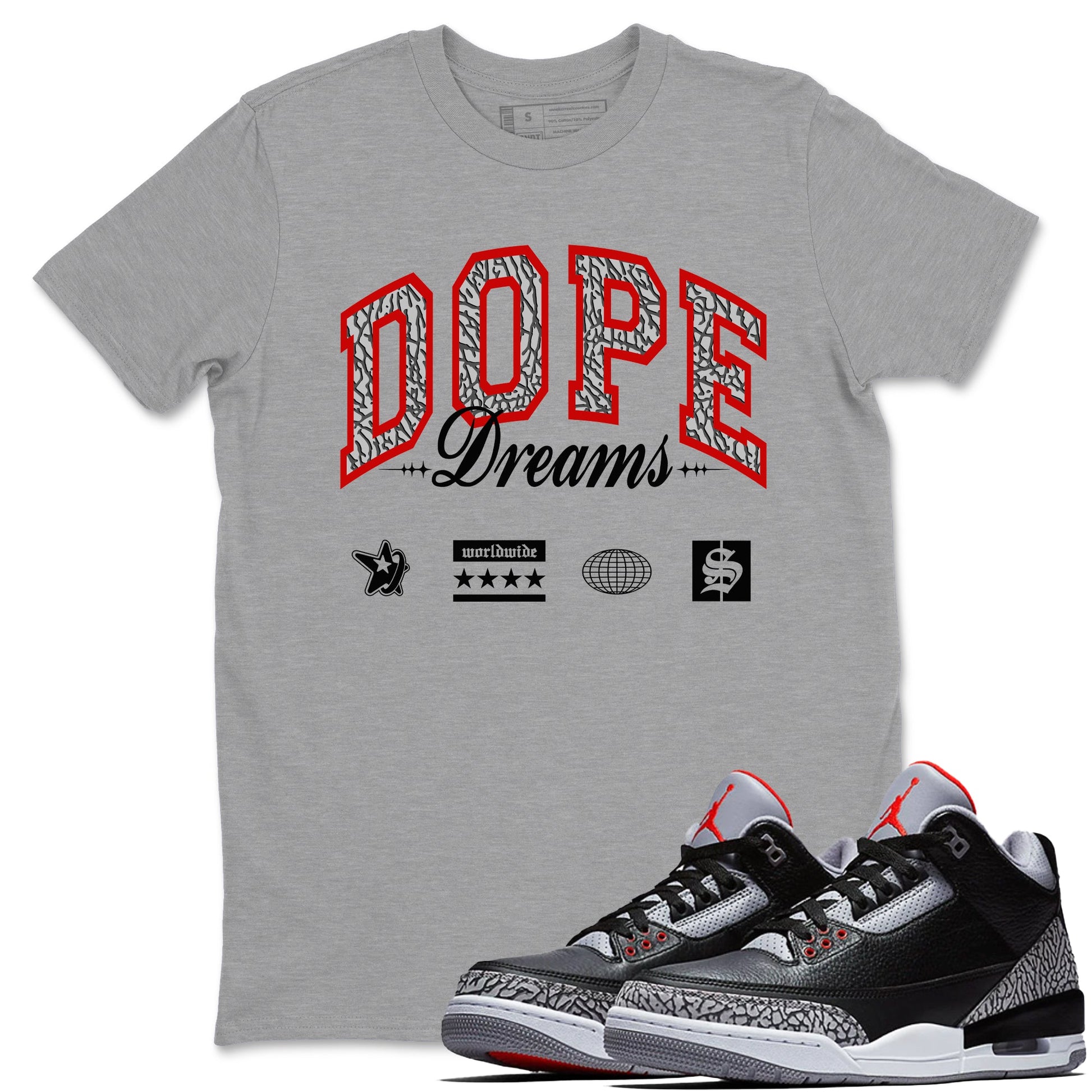 3s Black Cement shirts to match jordans Dope Dreams sneaker match tees Air Jordan 3 Retro OG Black Cement match shoes to clothes SNRT Sneaker Tees unisex cotton Heather Grey 1 shirts