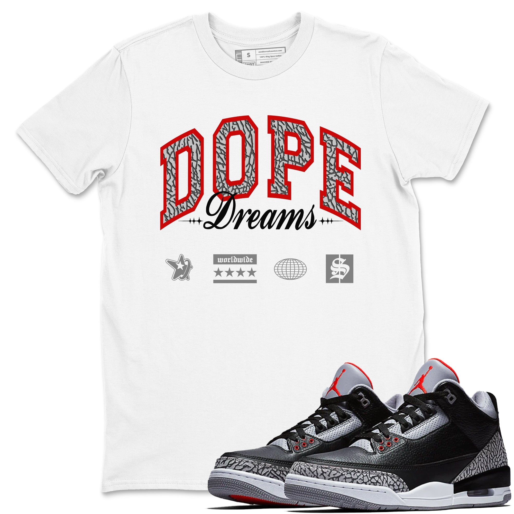 3s Black Cement shirts to match jordans Dope Dreams sneaker match tees Air Jordan 3 Retro OG Black Cement match shoes to clothes SNRT Sneaker Tees unisex cotton White 1 shirts