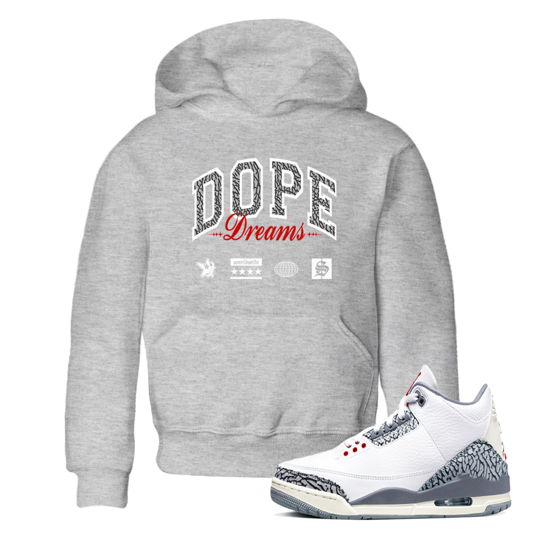 3s Cement Grey shirts to match jordans Dope Dreams sneaker match tees Air Jordan 3 Cement Grey SNRT Sneaker Release Tees Youth Baby Heather Grey 1 crew neck shirts