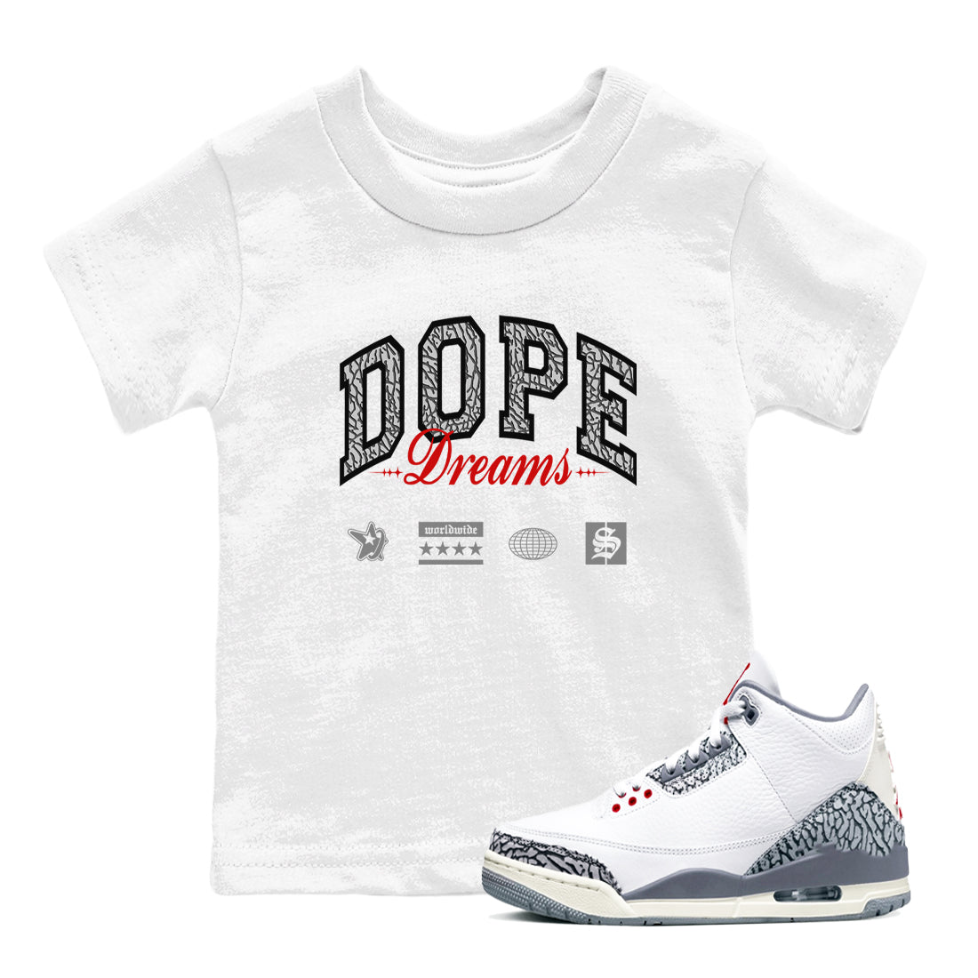 3s Cement Grey shirts to match jordans Dope Dreams sneaker match tees Air Jordan 3 Cement Grey SNRT Sneaker Release Tees Youth Baby White 1 crew neck shirts