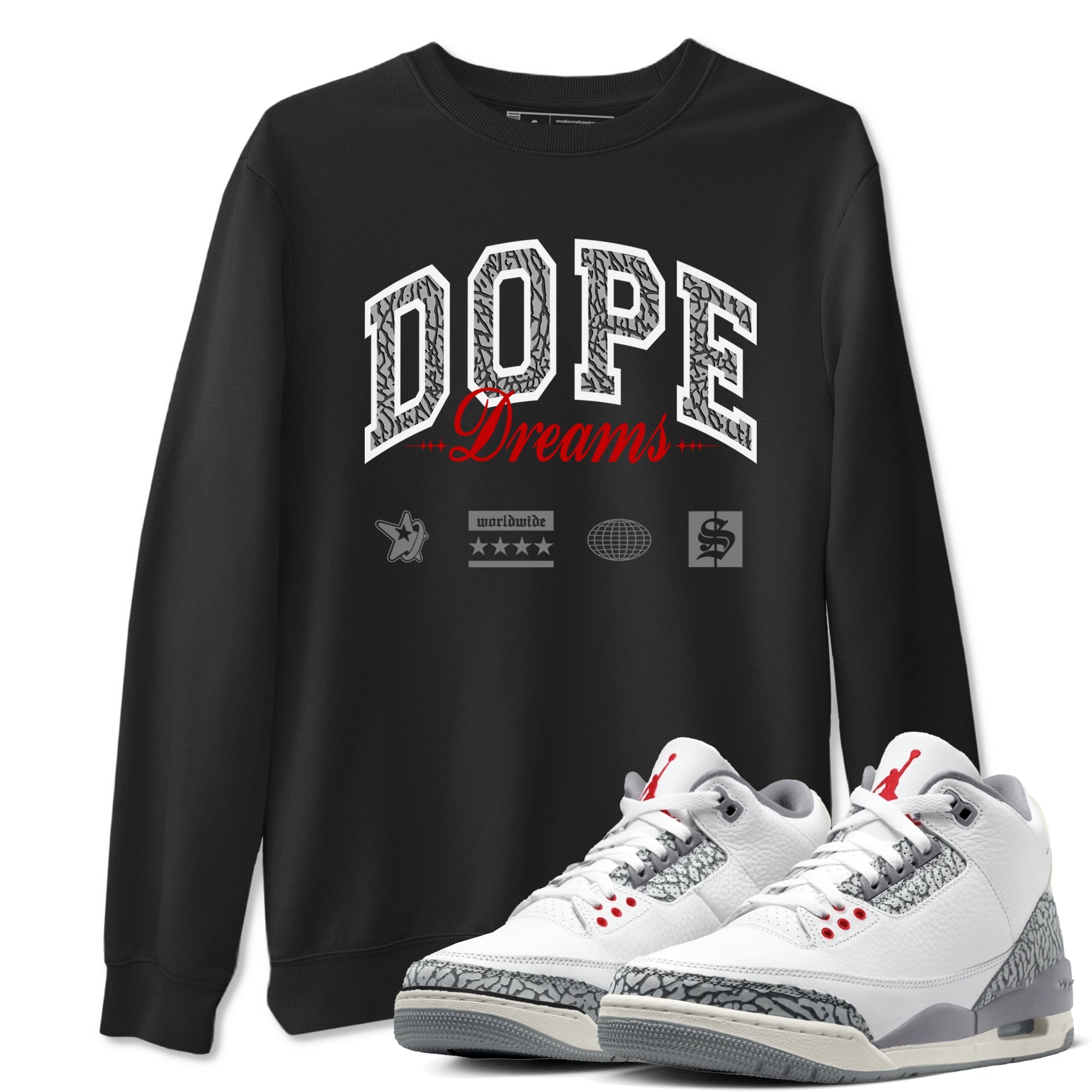 3s Cement Grey shirts to match jordans Dope Dreams sneaker match tees Air Jordan 3 Cement Grey SNRT Sneaker Release Tees unisex cotton Black 1 crew neck shirts