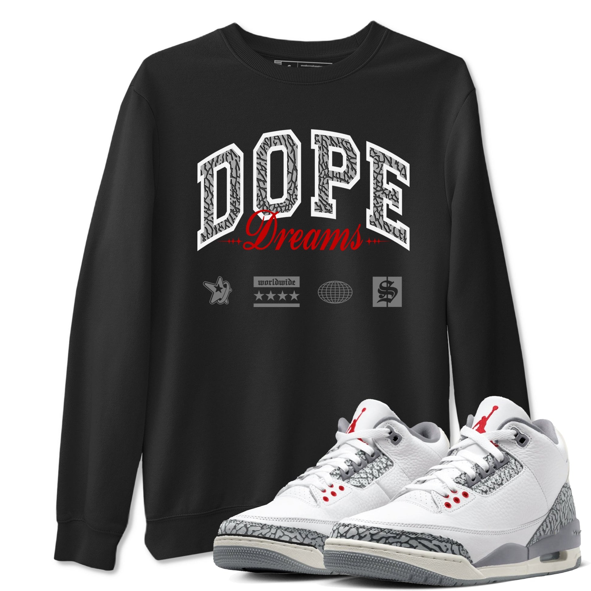 3s Cement Grey shirts to match jordans Dope Dreams sneaker match tees Air Jordan 3 Cement Grey SNRT Sneaker Release Tees unisex cotton Black 1 crew neck shirts