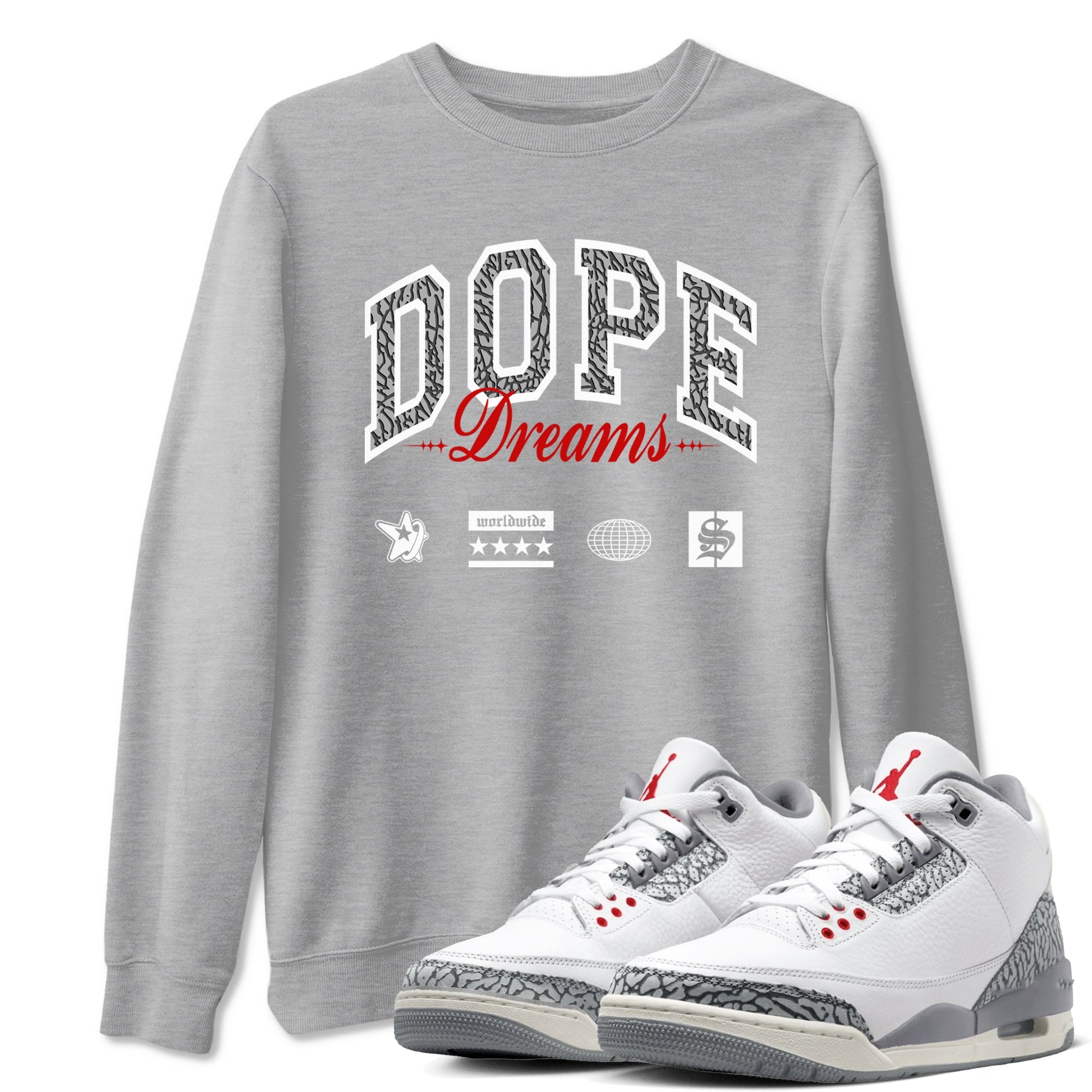 3s Cement Grey shirts to match jordans Dope Dreams sneaker match tees Air Jordan 3 Cement Grey SNRT Sneaker Release Tees unisex cotton Heather Grey 1 crew neck shirts