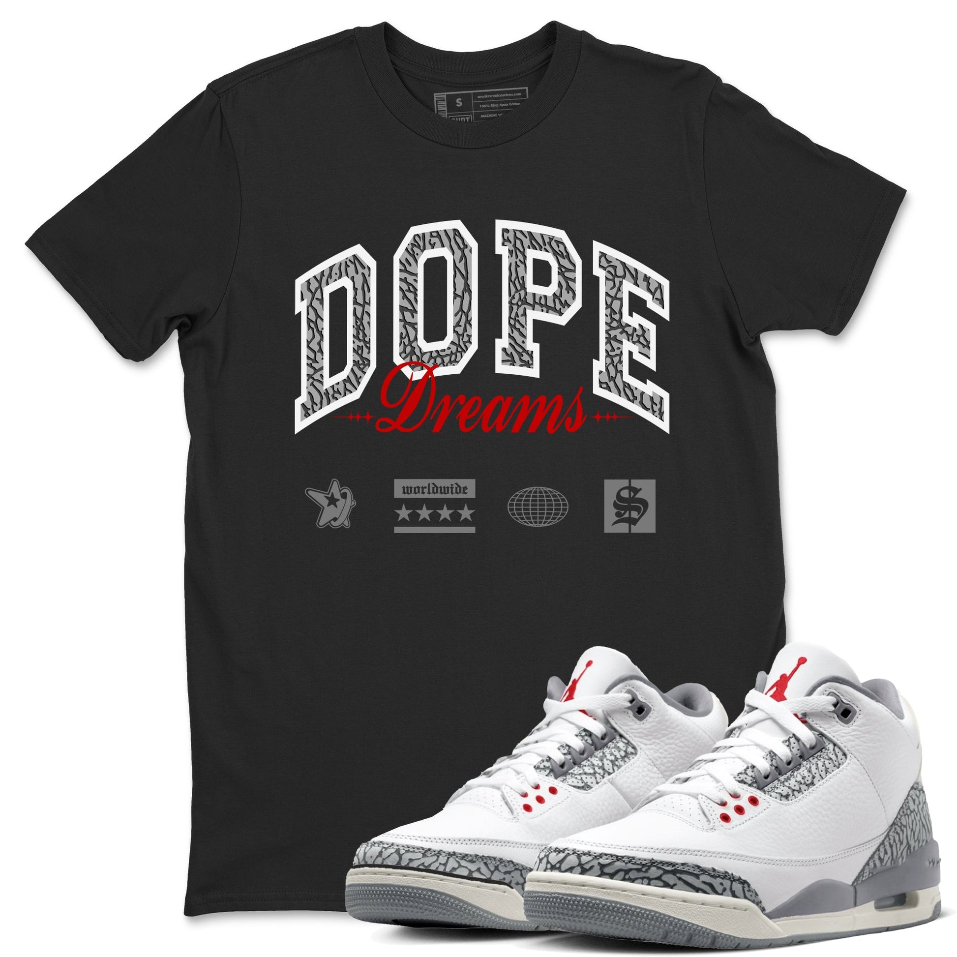 3s Cement Grey shirts to match jordans Dope Dreams sneaker match tees Air Jordan 3 Cement Grey SNRT Sneaker Release Tees unisex cotton Black 1 crew neck shirts