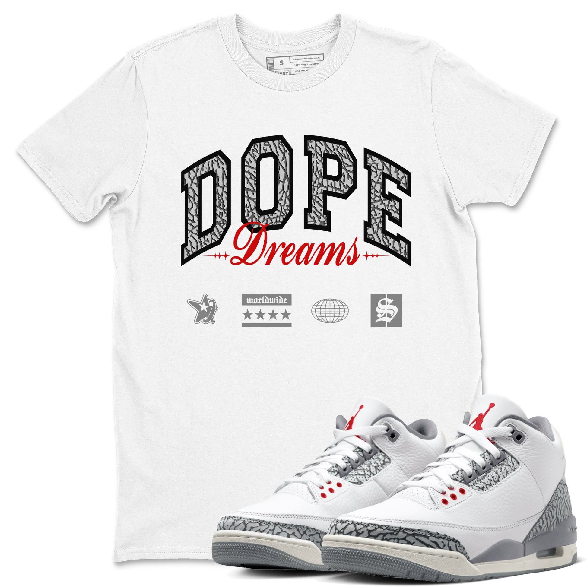 3s Cement Grey shirts to match jordans Dope Dreams sneaker match tees Air Jordan 3 Cement Grey SNRT Sneaker Release Tees unisex cotton White 1 crew neck shirts