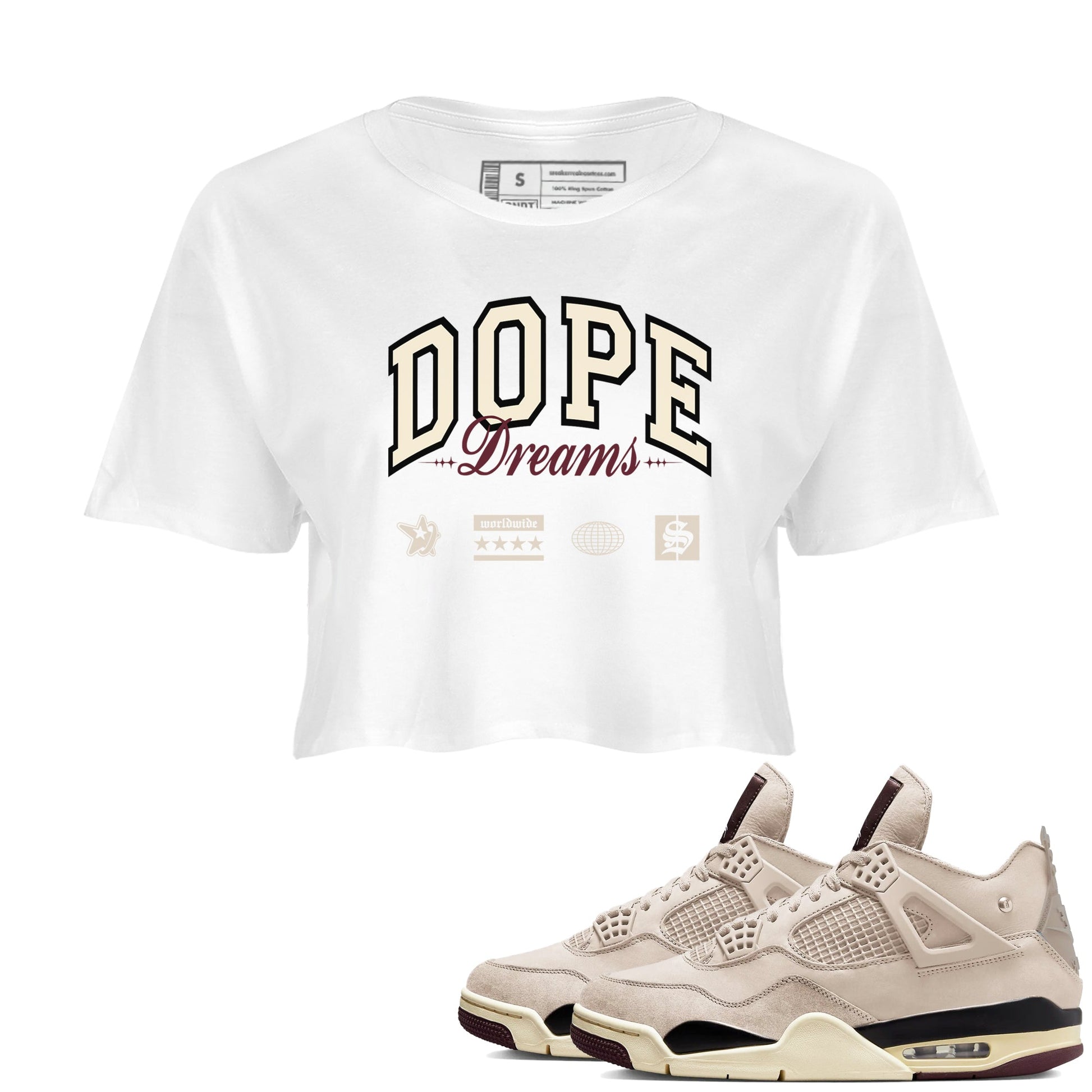 4s A Ma Maniere x Fossil Stone shirts to match jordans Dope Dreams sneaker match tees Air Jordan 4 A Ma Maniere x Fossil Stone match shoes to clothes SNRT Sneaker Tees unisex cotton White 1 crop tee