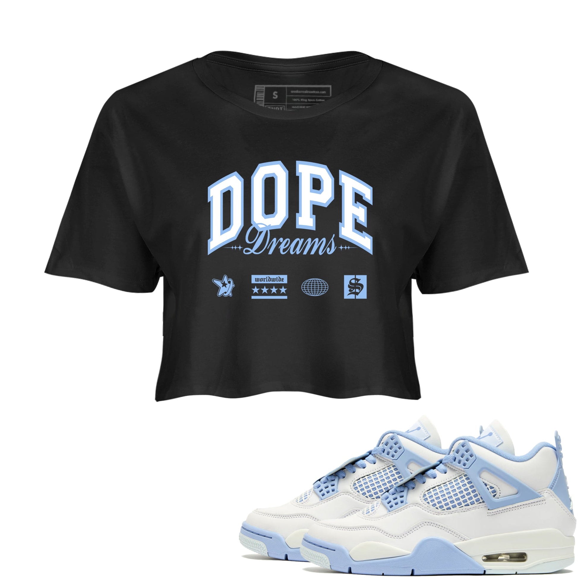 4s Forget Me Not shirts to match jordans Dope Dreams graphic tees Air Jordan 4 Forget Me Not match shoes to clothes SNRT Sneaker Tees unisex cotton Black 1 crop tee