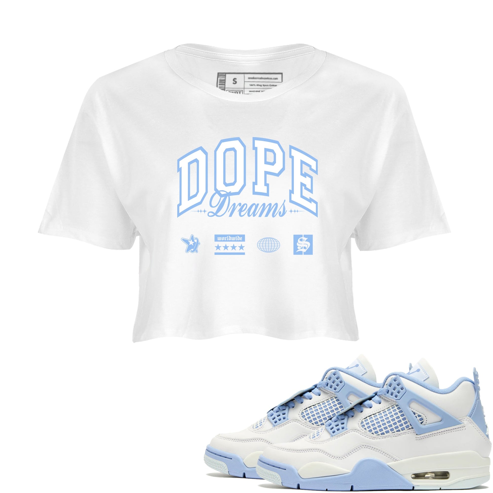 4s Forget Me Not shirts to match jordans Dope Dreams graphic tees Air Jordan 4 Forget Me Not match shoes to clothes SNRT Sneaker Tees unisex cotton White 1 crop tee