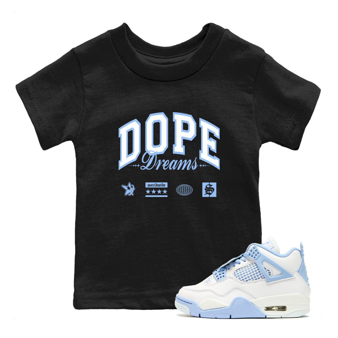 4s Forget Me Not shirts to match jordans Dope Dreams graphic tees Air Jordan 4 Forget Me Not match shoes to clothes SNRT Sneaker Tees Youth Baby Black 1 tee