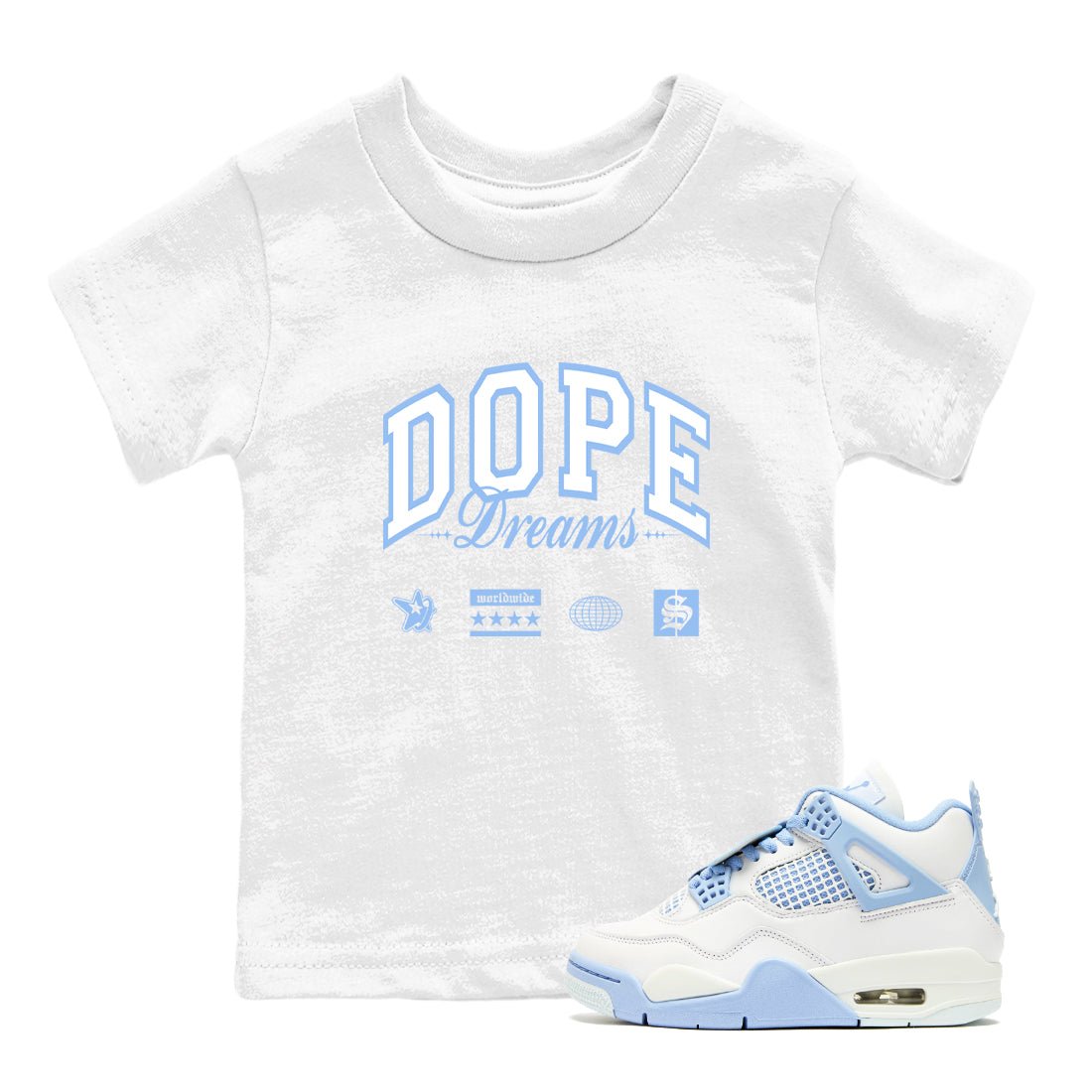 4s Forget Me Not shirts to match jordans Dope Dreams graphic tees Air Jordan 4 Forget Me Not match shoes to clothes SNRT Sneaker Tees Youth Baby White 1 tee
