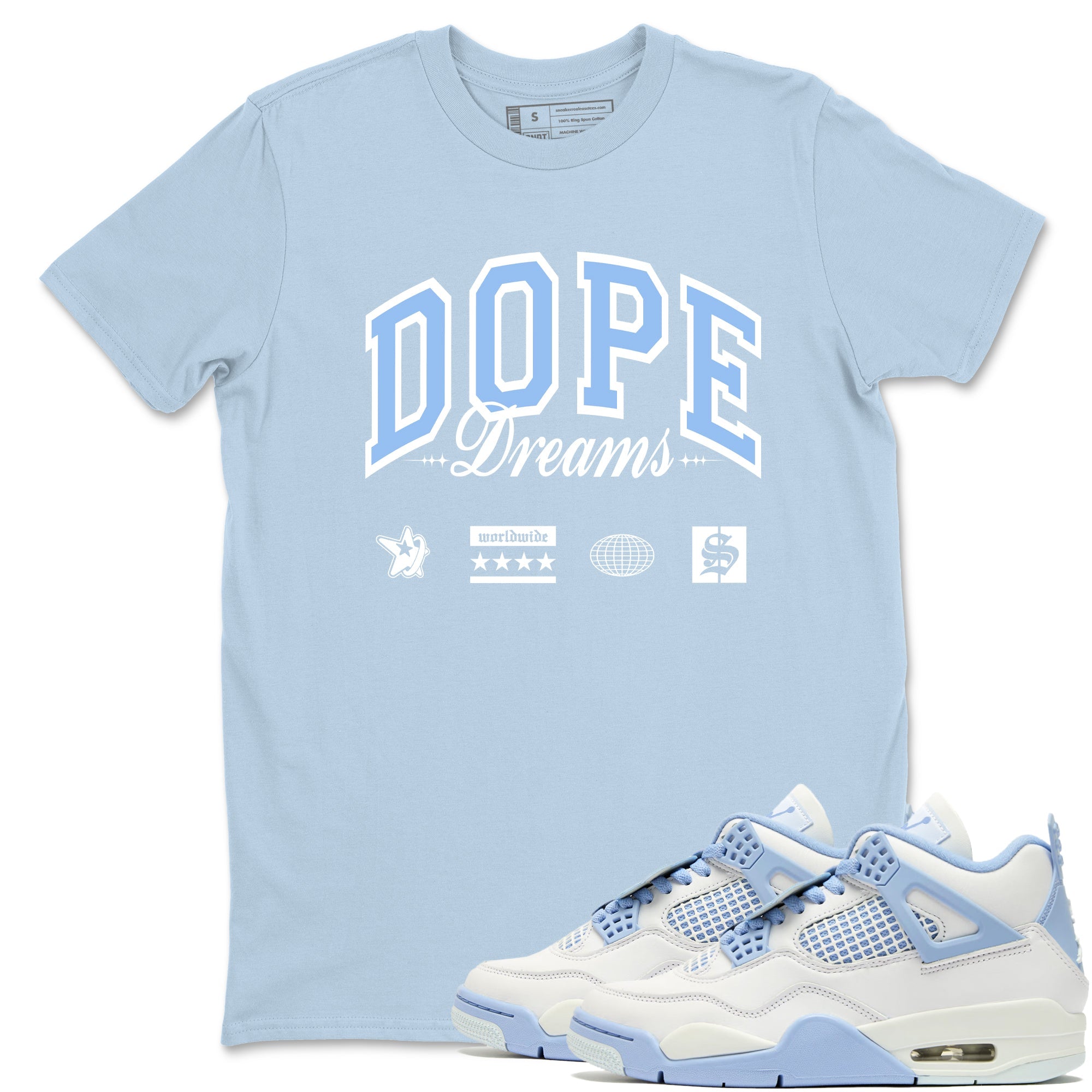 4s Forget Me Not shirts to match jordans Dope Dreams graphic tees Air Jordan 4 Forget Me Not match shoes to clothes SNRT Sneaker Tees unisex cotton Light Blue 1 shirts