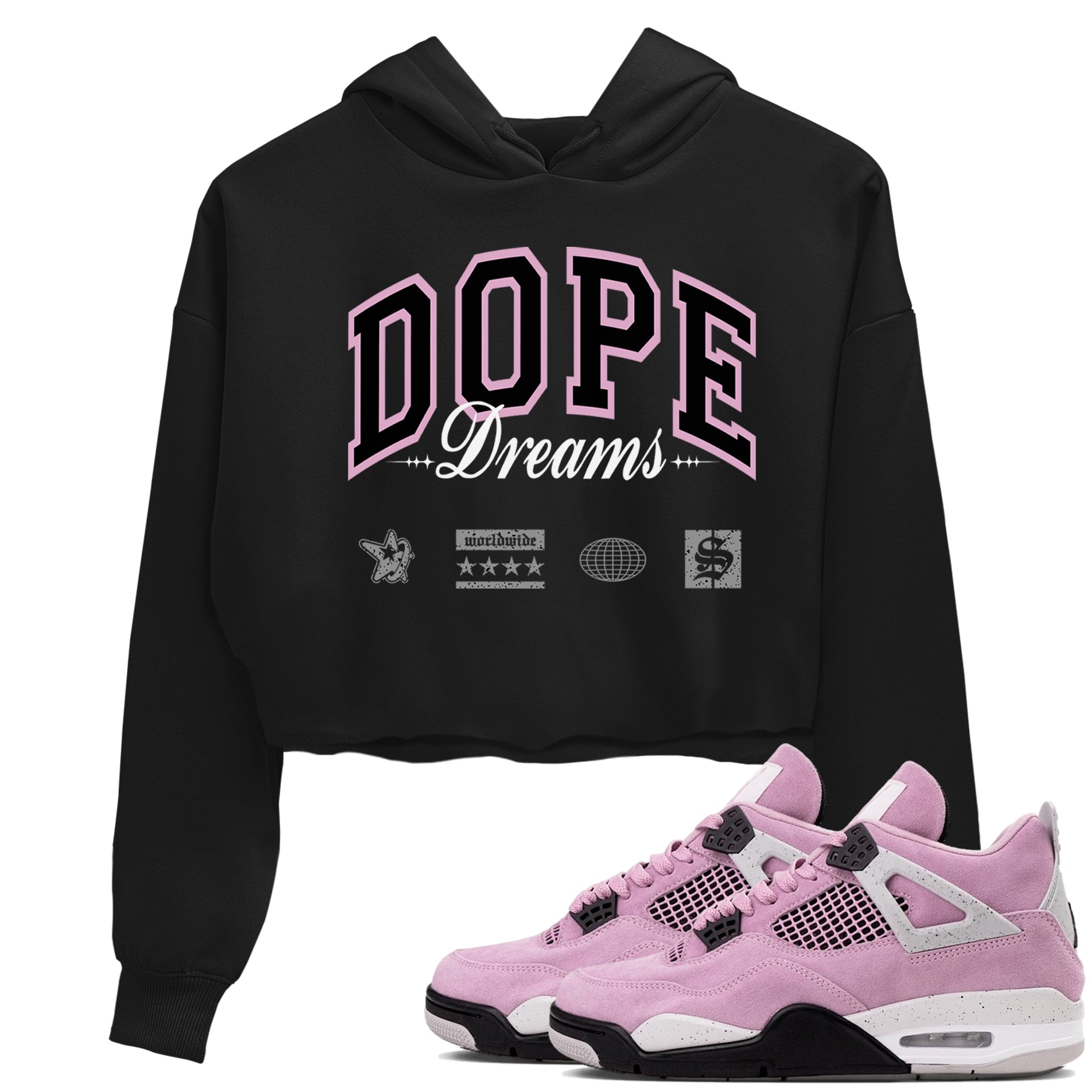 4s Retro Orchid shirts to match jordans Dope Dreams sneaker match tees Air Jordan 4 WMNS Orchid match shoes to clothes SNRT Sneaker Tees unisex cotton Black 1 crop tee