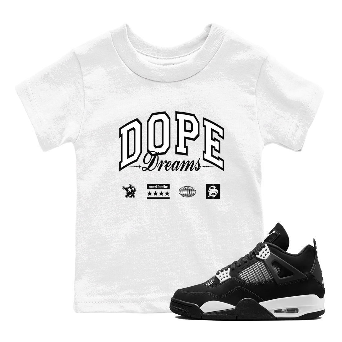 4s White Thunder shirts to match jordans Dope Dreams sneaker match tees Air Jordan 4 White Thunder SNRT Sneaker Release Tees Youth Baby White 1 crew neck shirts