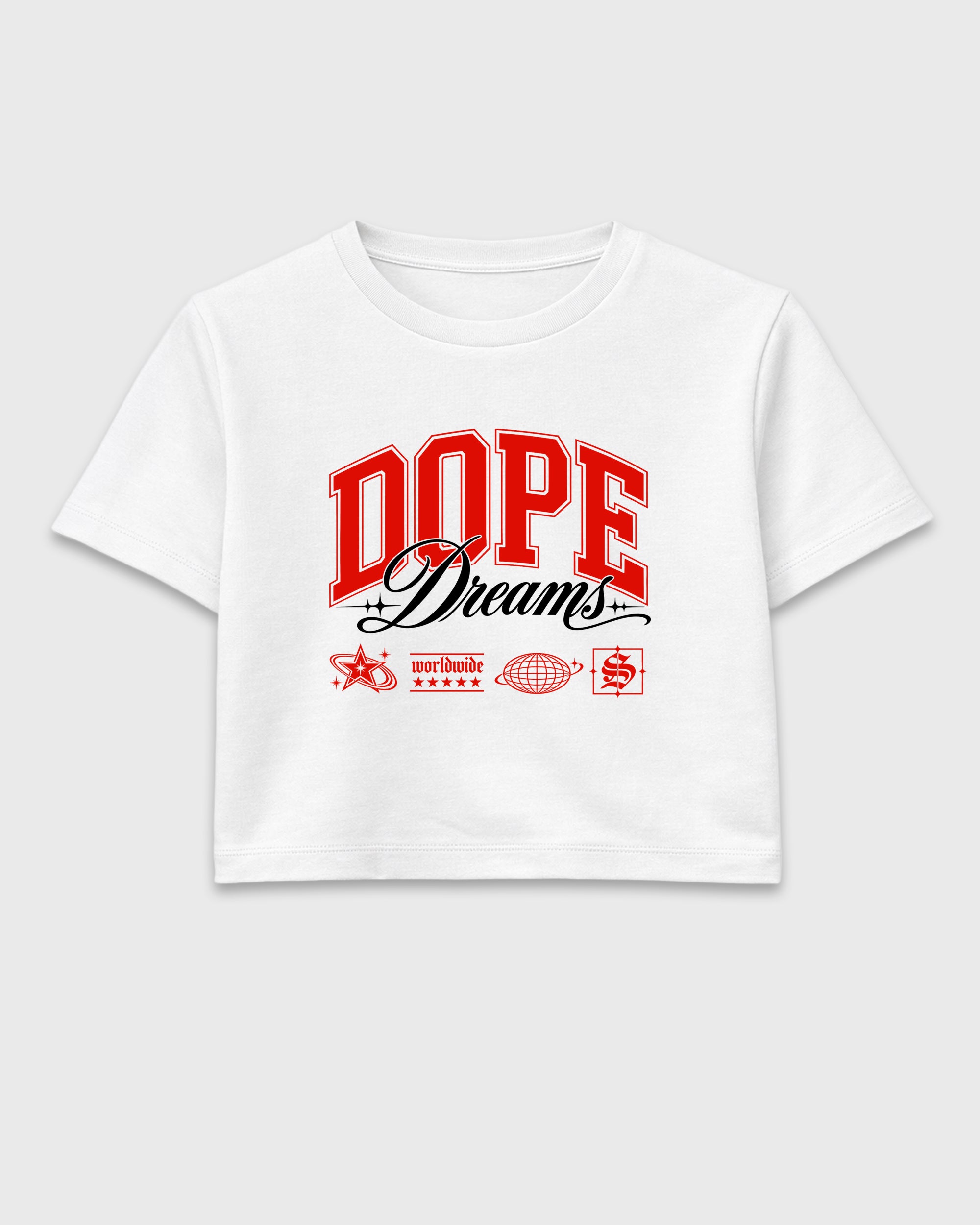 Dope Dreams women’s crop tee designed to match the Air Jordan 6 White Infrared, featuring coordinated White 2 options for a perfect streetwear vibe.