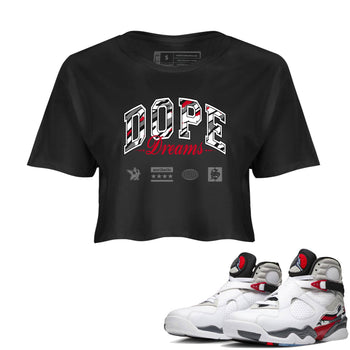 Sneaker Threads – Sneaker Tees To Match Air Jordan 8 Bunny – Dope Dreams Crop Tee Black 1. Perfect for Jordan releases 2025 colorways.