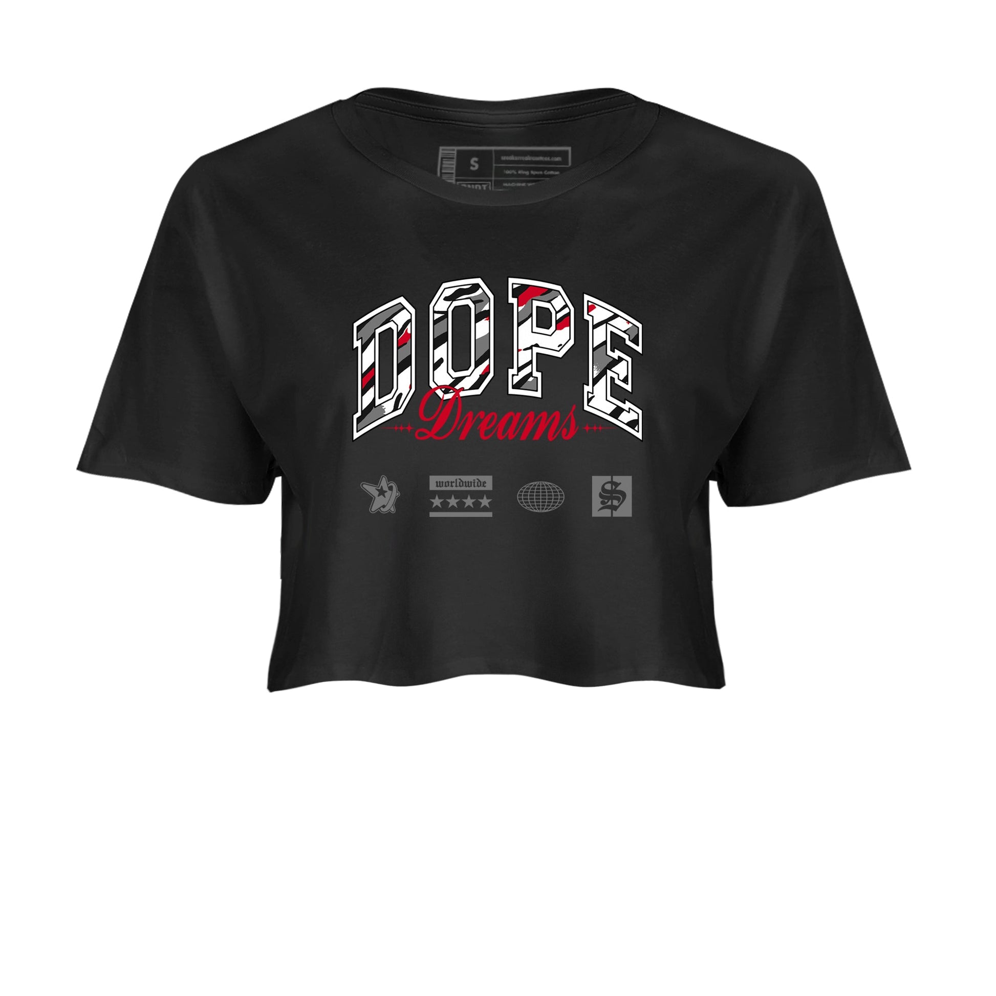 Sneaker Threads – Sneaker Tees To Match Air Jordan 8 Bunny – Dope Dreams Crop Tee Black 2. Perfect for Jordan releases 2025 colorways.